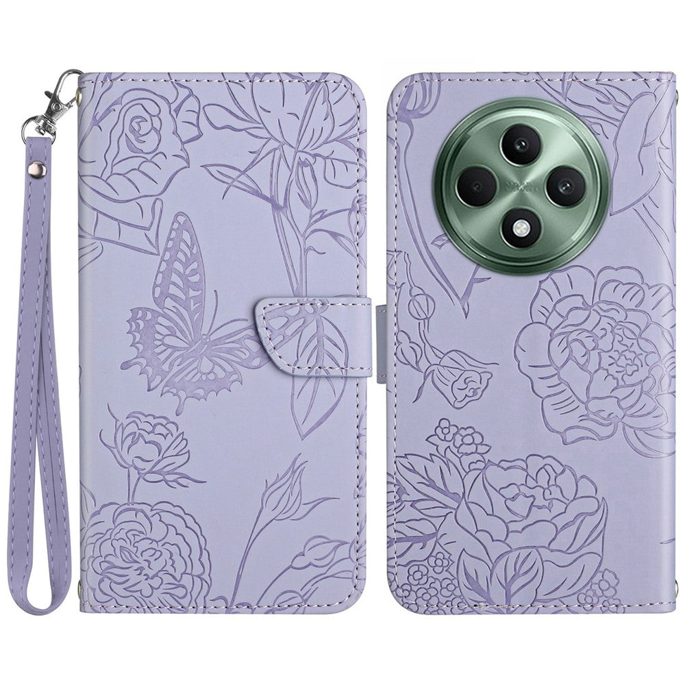 HT03 Läderfodral för Oppo Reno12 F 5G med handrem, fjärilsblommigt tryck