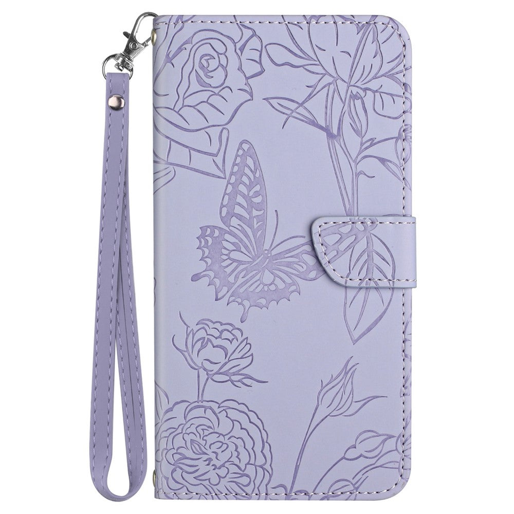HT03 Läderfodral för Oppo Reno12 F 5G med handrem, fjärilsblommigt tryck