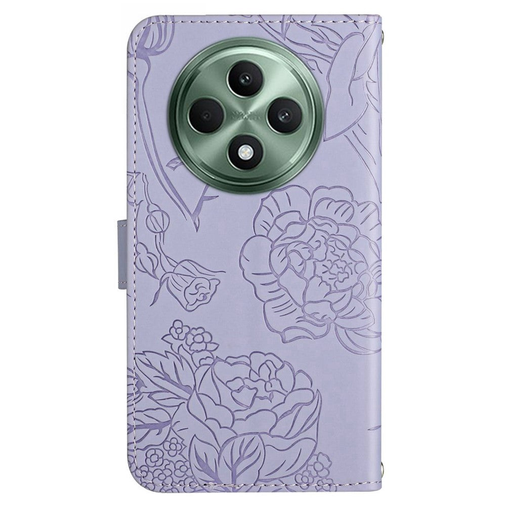 HT03 Läderfodral för Oppo Reno12 F 5G med handrem, fjärilsblommigt tryck