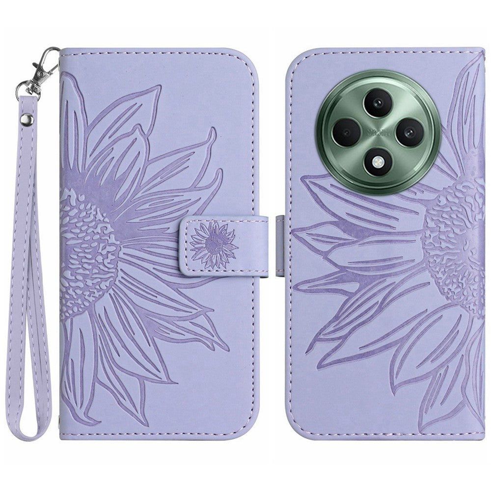 HT04 For Oppo Reno12 F 5G Case Sunflower Flip Leather Phone Cover with Hand Strap