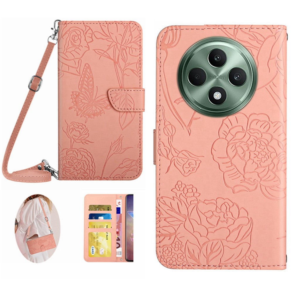 HT03 För Oppo Reno12 F 5G Skal Fjärilsblommor PU Läder Axelbandsskal
