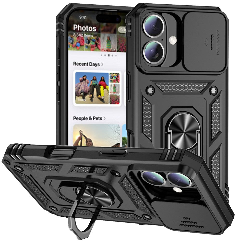 Til iPhone 16 Plus Cover med Ring Kickstand PC+TPU Telefonbeskytter med Skydbart Kameracover