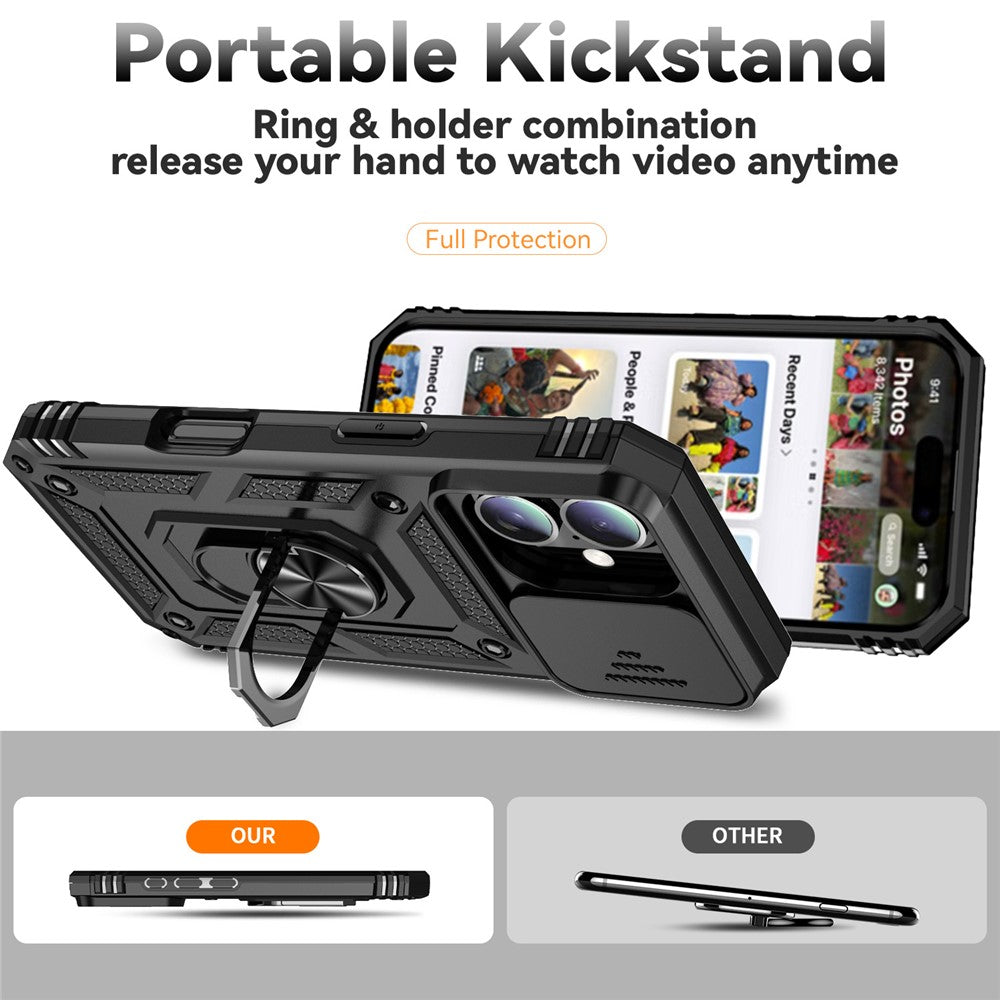For iPhone 16 Plus Case Ring Kickstand PC+TPU Phone Protector with Slide Camera Cover