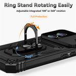 For iPhone 16 Plus Case Ring Kickstand PC+TPU Phone Protector with Slide Camera Cover