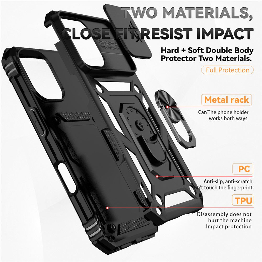 For iPhone 16 Plus Case Ring Kickstand PC+TPU Phone Protector with Slide Camera Cover