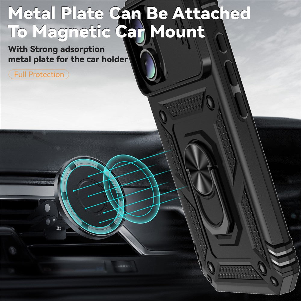 For iPhone 16 Plus Case Ring Kickstand PC+TPU Phone Protector with Slide Camera Cover