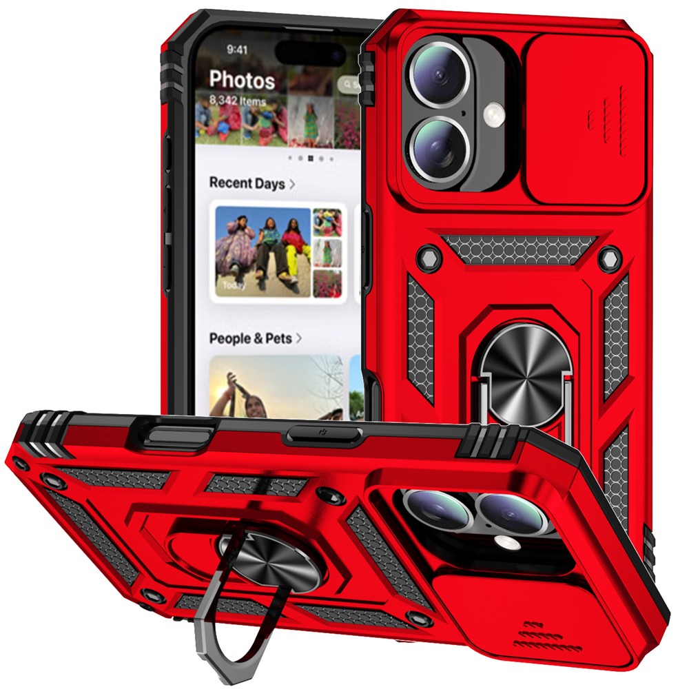 For iPhone 16 Plus Case Ring Kickstand PC+TPU Phone Protector with Slide Camera Cover