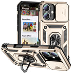 For iPhone 16 Plus Case Ring Kickstand PC+TPU Phone Protector with Slide Camera Cover