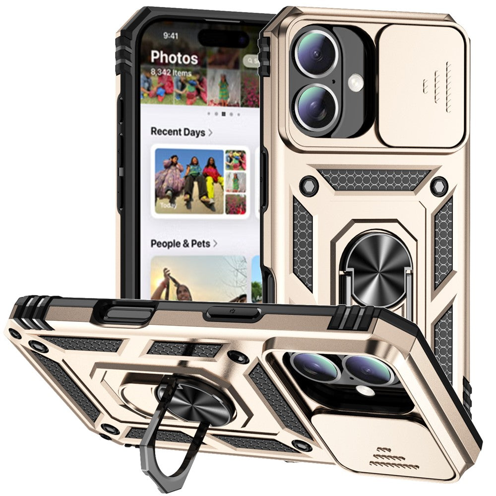 For iPhone 16 Plus Case Ring Kickstand PC+TPU Phone Protector with Slide Camera Cover