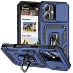 For iPhone 16 Plus Case Ring Kickstand PC+TPU Phone Protector with Slide Camera Cover