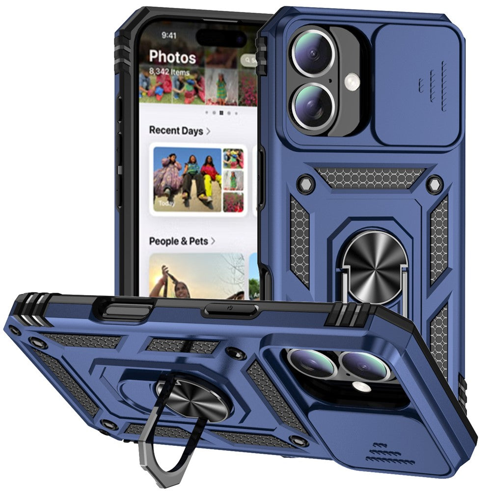 For iPhone 16 Plus Case Ring Kickstand PC+TPU Phone Protector with Slide Camera Cover