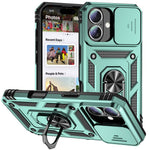 For iPhone 16 Plus Case Ring Kickstand PC+TPU Phone Protector with Slide Camera Cover
