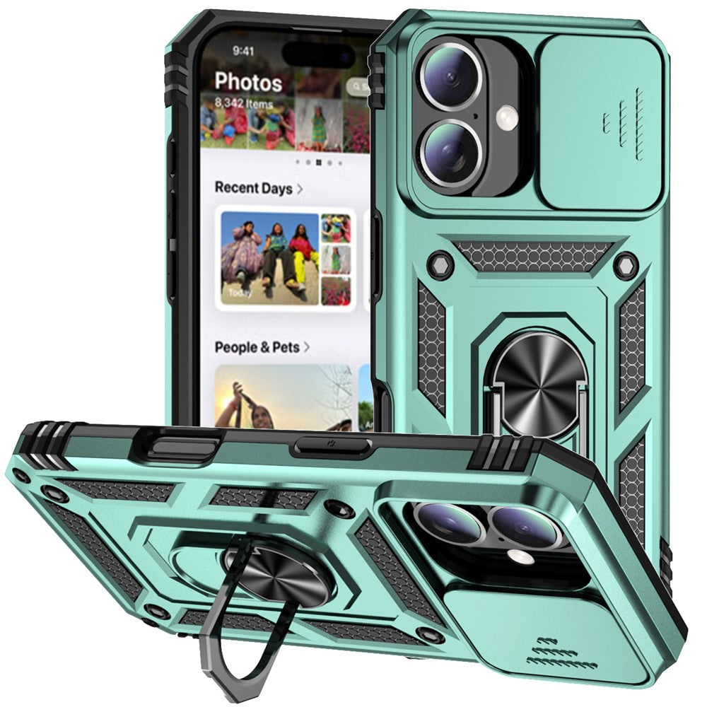 For iPhone 16 Plus Case Ring Kickstand PC+TPU Phone Protector with Slide Camera Cover