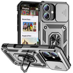 For iPhone 16 Plus Case Ring Kickstand PC+TPU Phone Protector with Slide Camera Cover