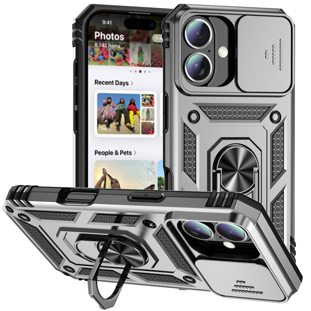 For iPhone 16 Plus Case Ring Kickstand PC+TPU Phone Protector with Slide Camera Cover
