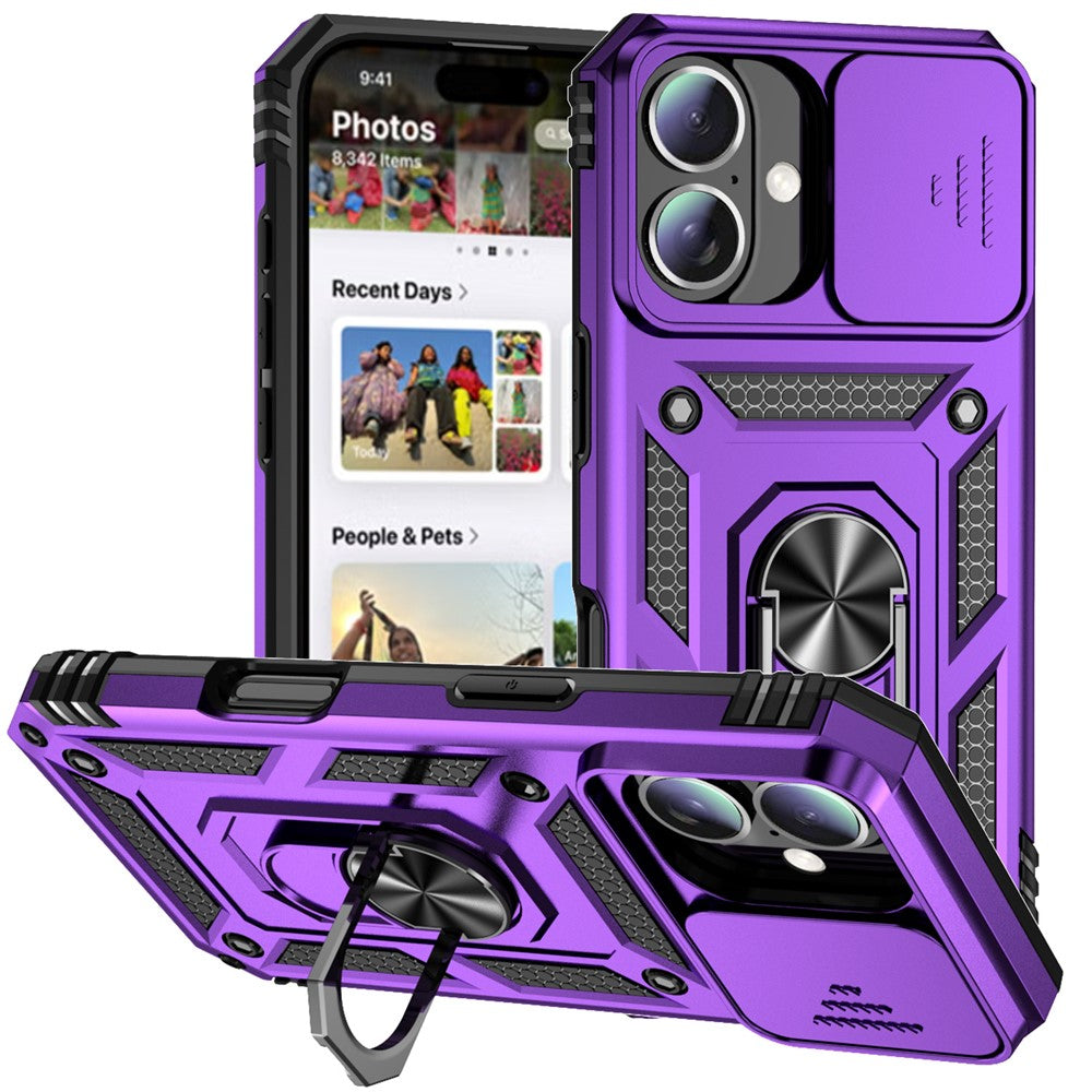 For iPhone 16 Plus Case Ring Kickstand PC+TPU Phone Protector with Slide Camera Cover