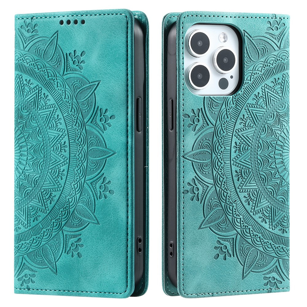 Til iPhone 16 Pro-etui med præget mandala i læder og magnetisk lukning