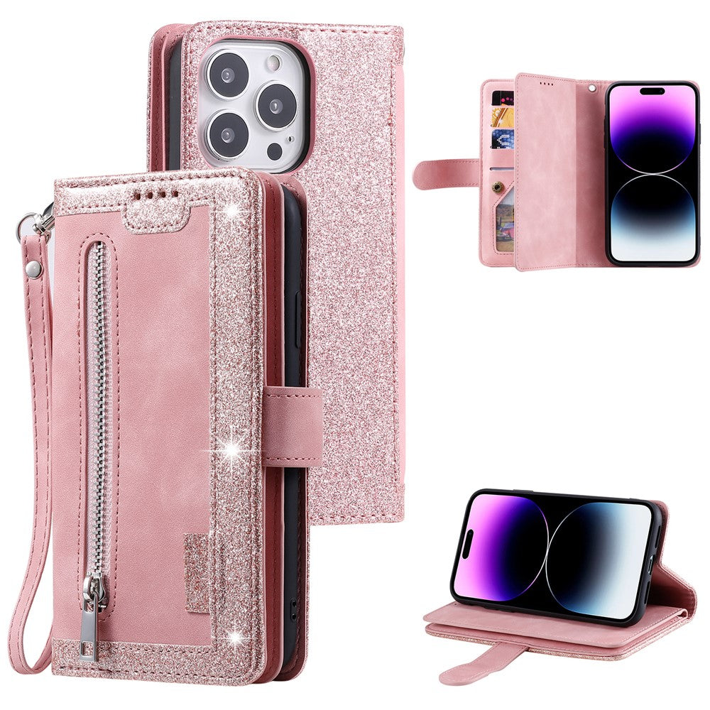 Til iPhone 16 Pro Cover PU-læder Telefoncover med Lynlåslomme og 9 Kortpladser