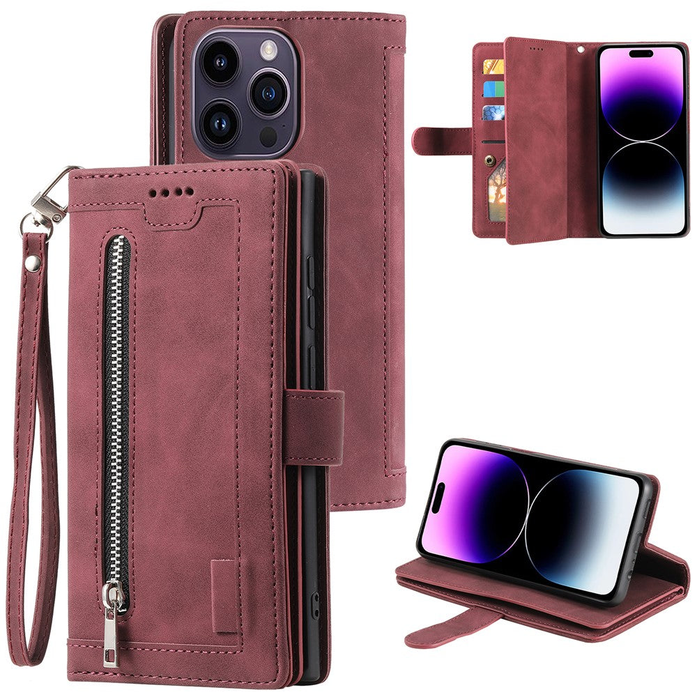 Til iPhone 16 Pro Cover PU-læder Telefoncover med Lynlåslomme og 9 Kortpladser