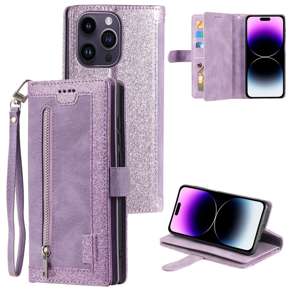 Til iPhone 16 Pro Cover PU-læder Telefoncover med Lynlåslomme og 9 Kortpladser