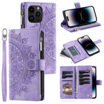 006 For iPhone 16 Pro Case Mandala Flower Zipper Pocket Leather Phone Cover