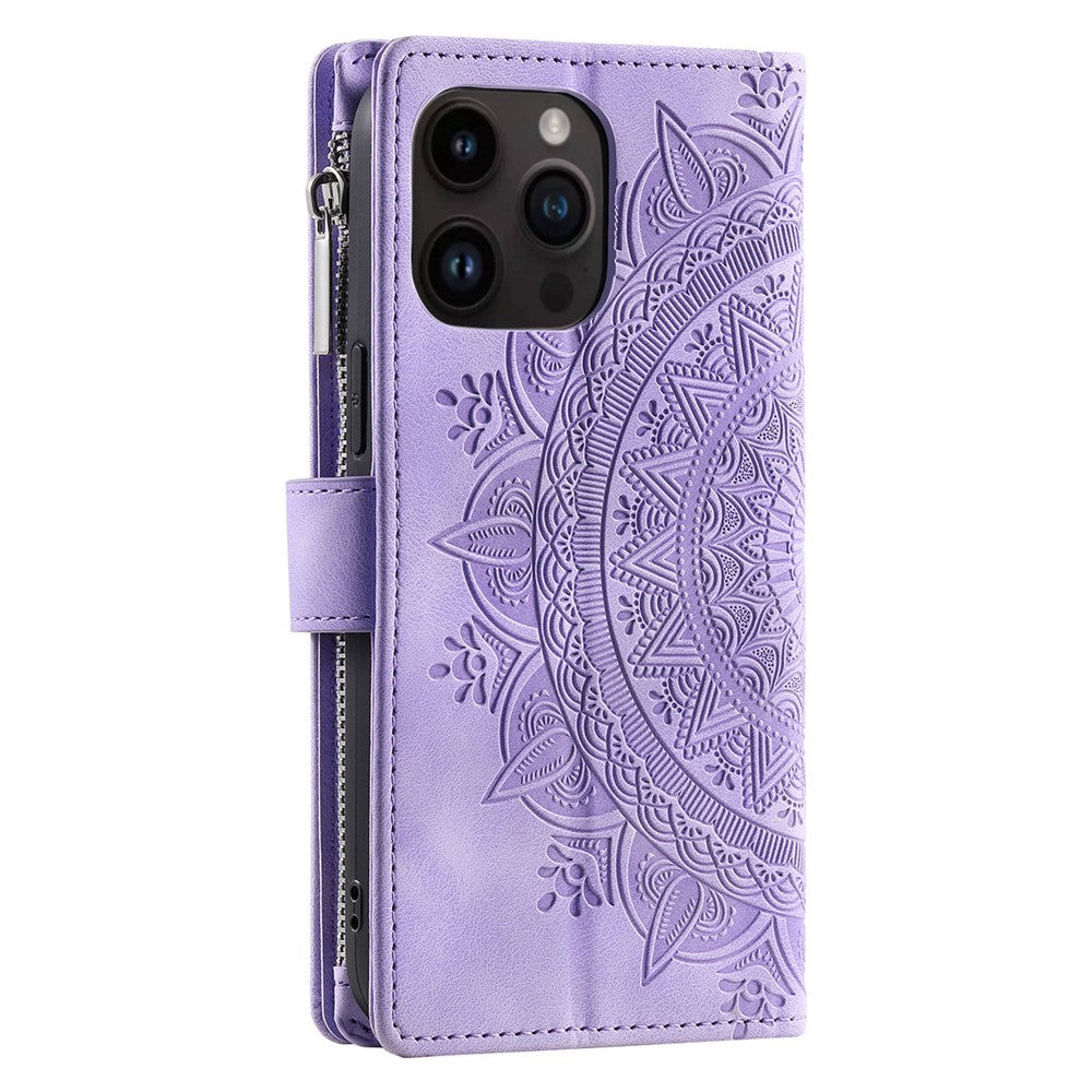 006 For iPhone 16 Pro Case Mandala Flower Zipper Pocket Leather Phone Cover