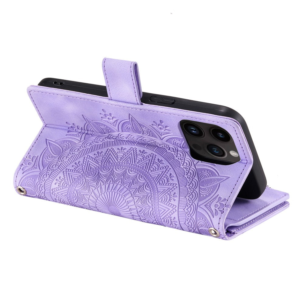 006 For iPhone 16 Pro Case Mandala Flower Zipper Pocket Leather Phone Cover
