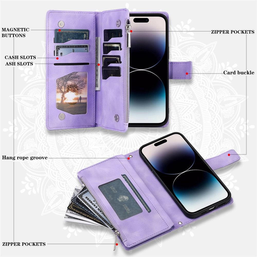 006 For iPhone 16 Pro Case Mandala Flower Zipper Pocket Leather Phone Cover