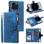 006 For iPhone 16 Pro Case Mandala Flower Zipper Pocket Leather Phone Cover
