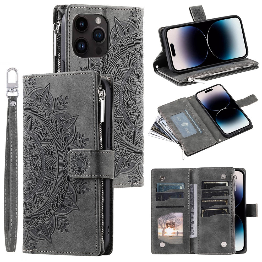 006 For iPhone 16 Pro Case Mandala Flower Zipper Pocket Leather Phone Cover