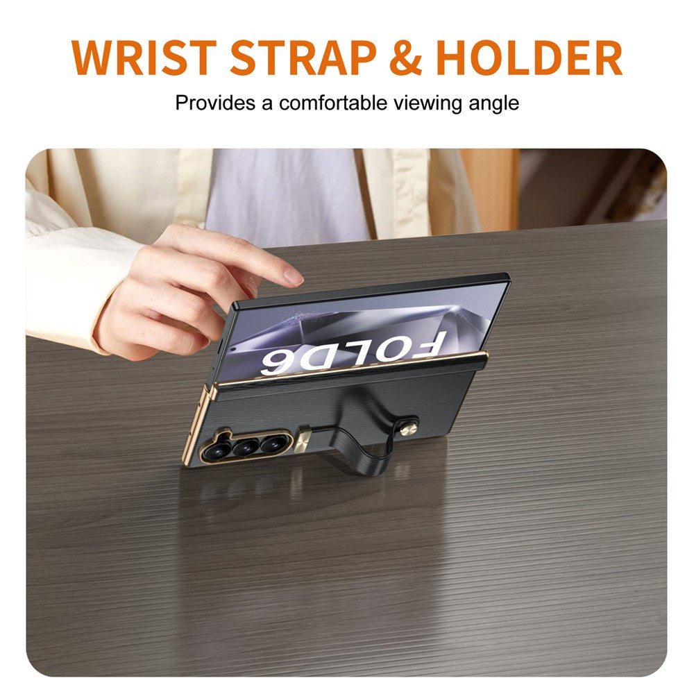 For Samsung Galaxy Z Fold6 5G Case Wrist Band Hinge Protection Leather+PC Phone Cover