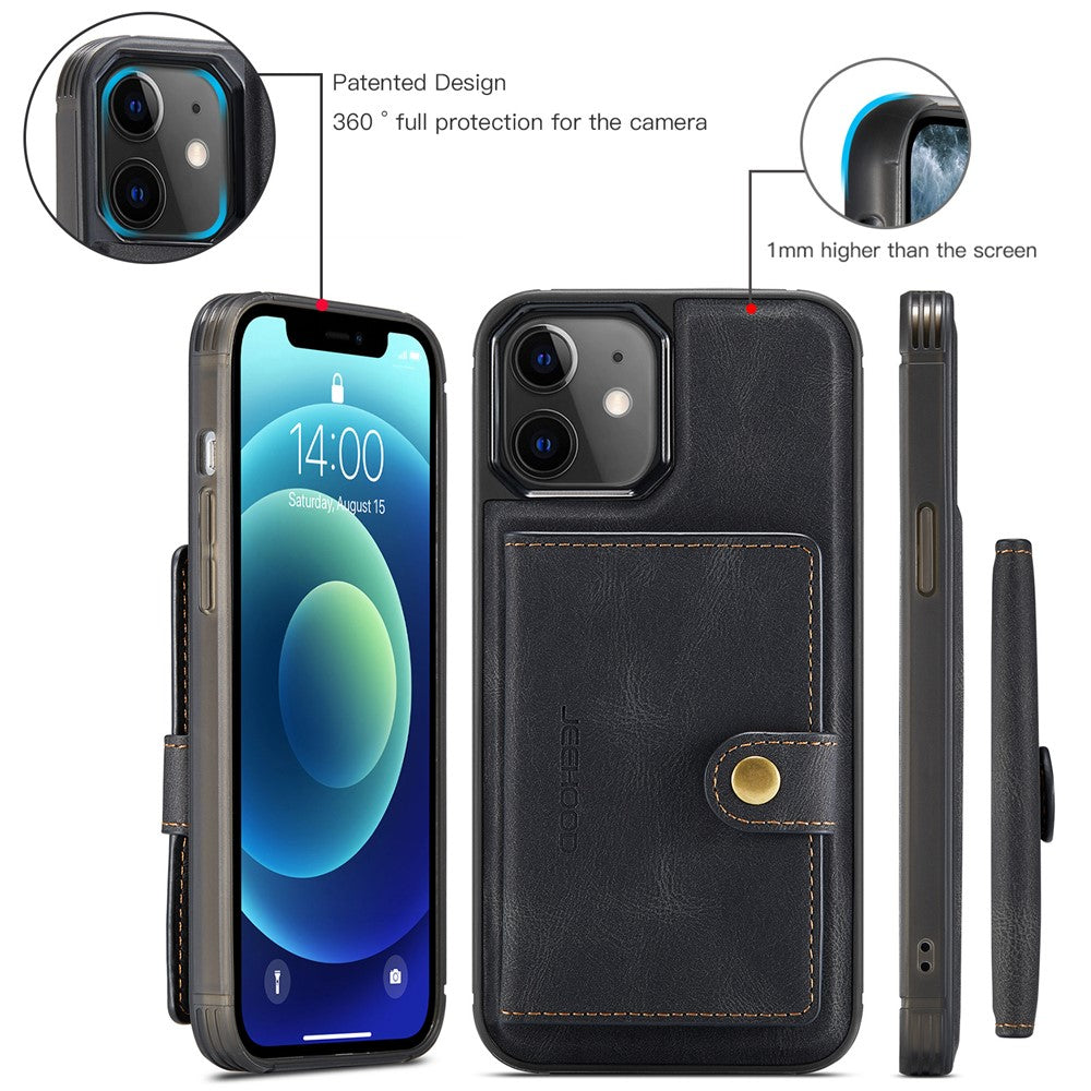 JEEHOOD J01 For iPhone 12 / 12 Pro Case Leather Phone Back Cover Magnetic Detachable Card Bag