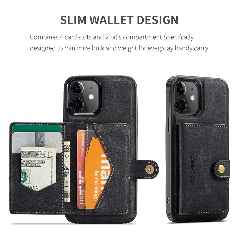JEEHOOD J01 For iPhone 12 / 12 Pro Case Leather Phone Back Cover Magnetic Detachable Card Bag