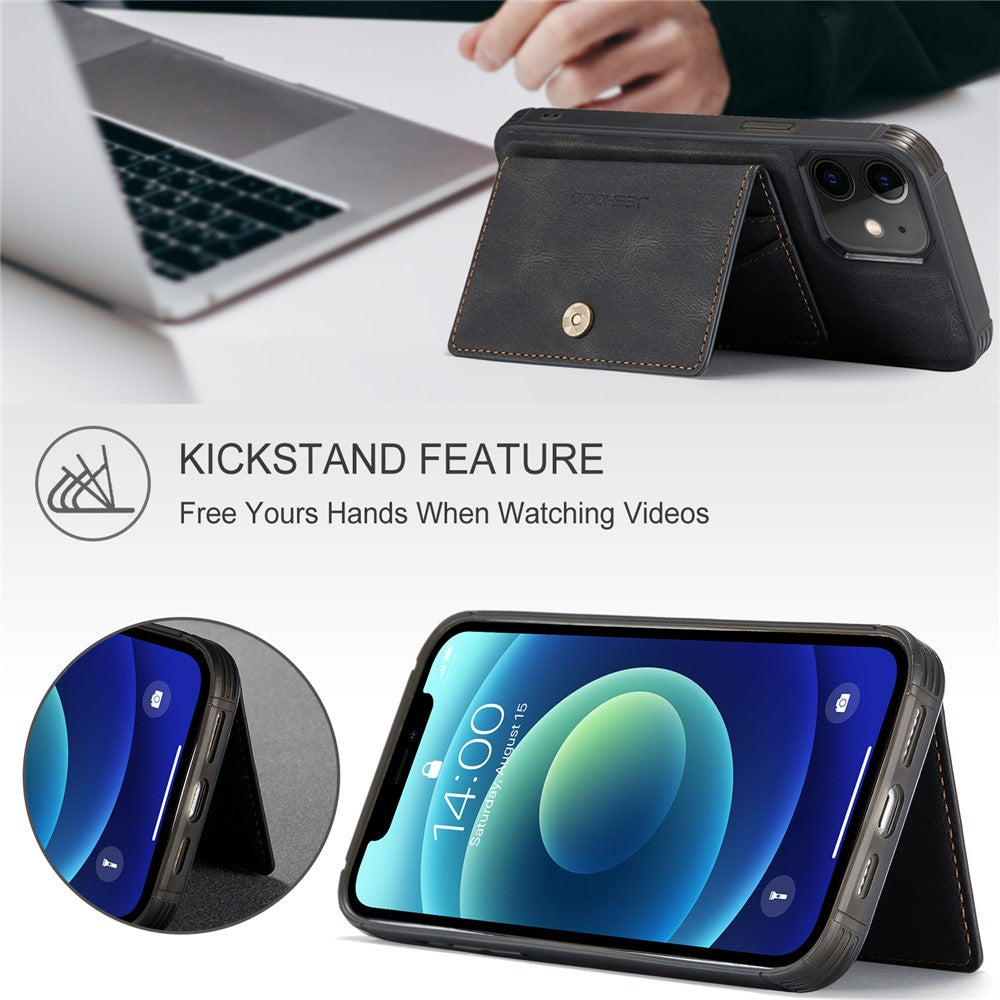 JEEHOOD J01 For iPhone 12 / 12 Pro Case Leather Phone Back Cover Magnetic Detachable Card Bag