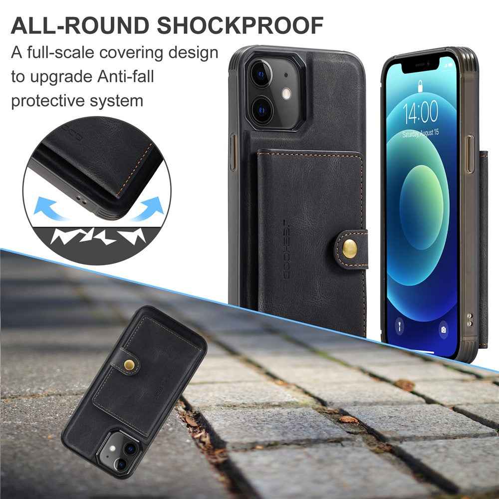 JEEHOOD J01 For iPhone 12 / 12 Pro Case Leather Phone Back Cover Magnetic Detachable Card Bag