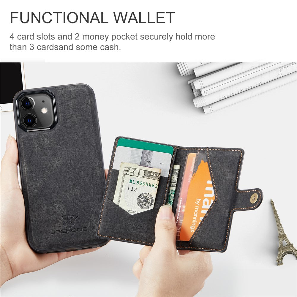 JEEHOOD J01 For iPhone 12 / 12 Pro Case Leather Phone Back Cover Magnetic Detachable Card Bag