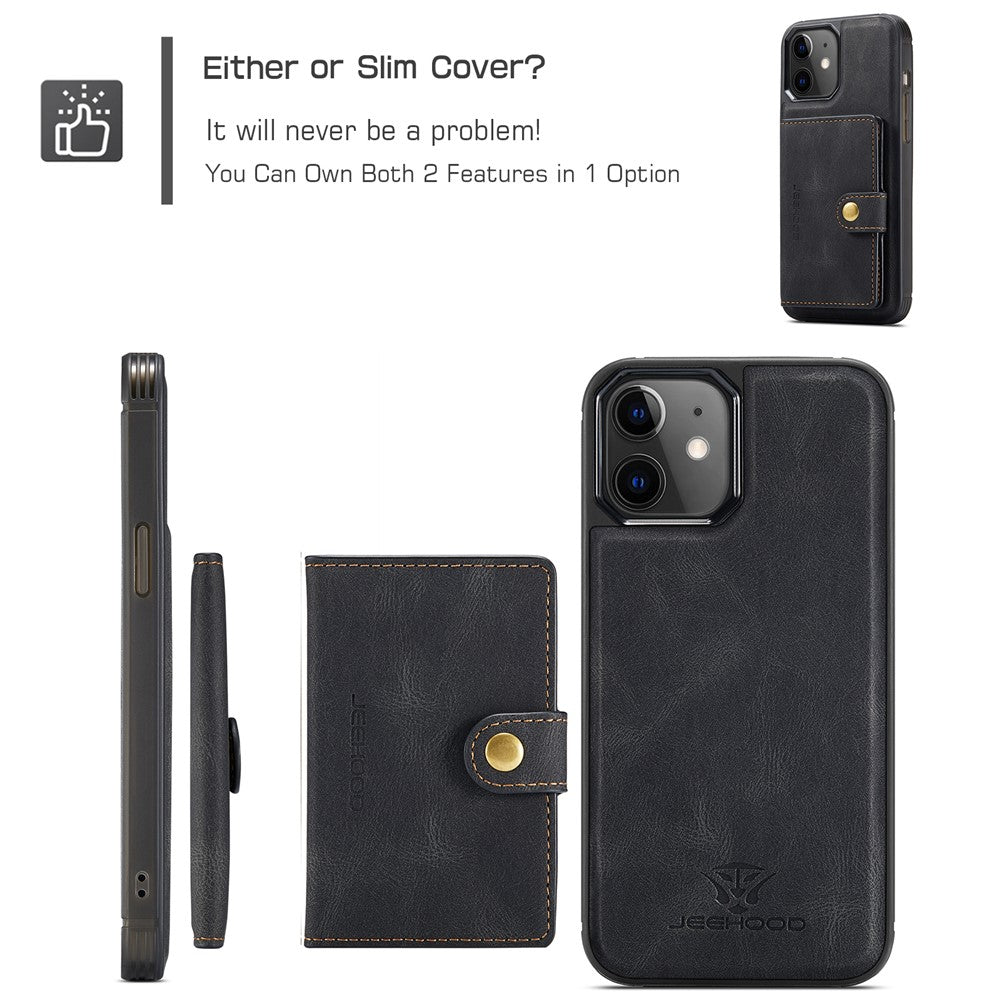 JEEHOOD J01 For iPhone 12 / 12 Pro Case Leather Phone Back Cover Magnetic Detachable Card Bag