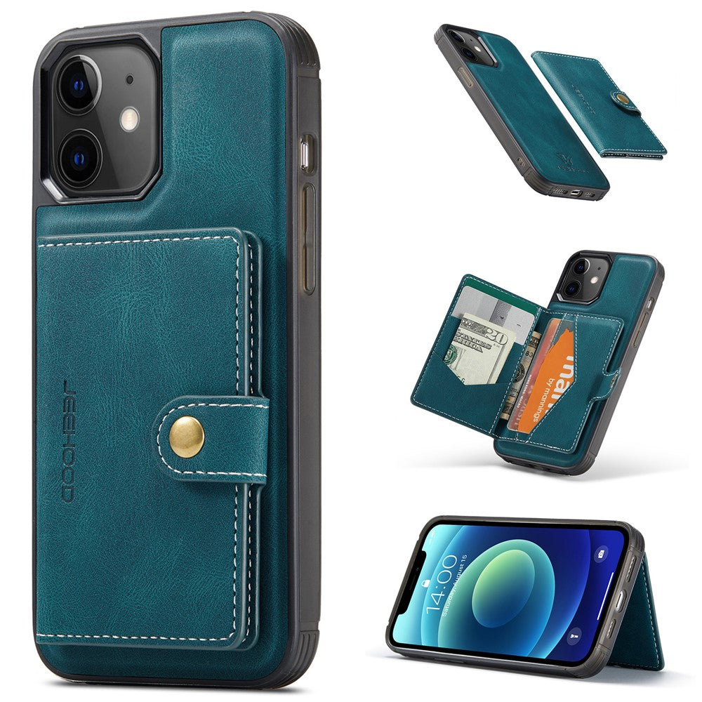 JEEHOOD J01 For iPhone 12 / 12 Pro Case Leather Phone Back Cover Magnetic Detachable Card Bag