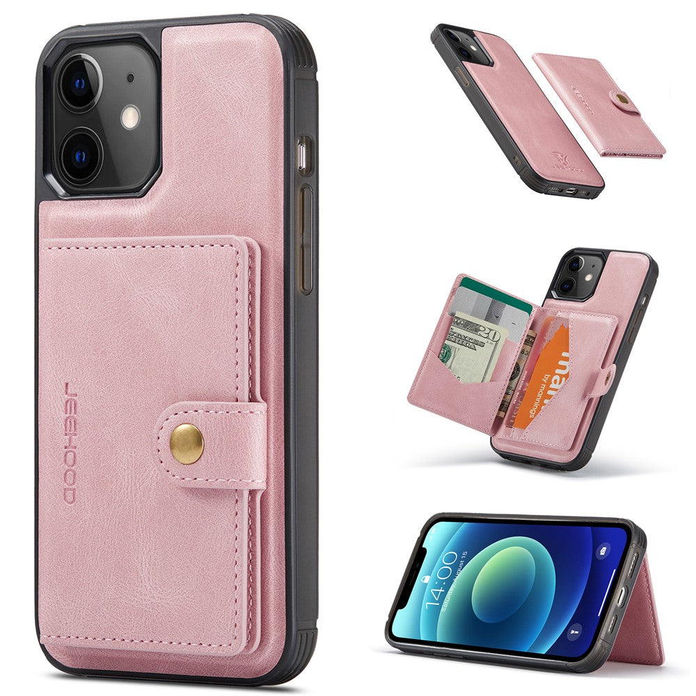 JEEHOOD J01 For iPhone 12 / 12 Pro Case Leather Phone Back Cover Magnetic Detachable Card Bag