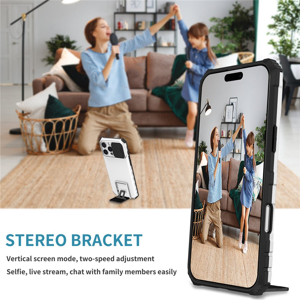 For iPhone 16 Pro Case Camera Slider PC + TPU Phone Cover with Kickstand