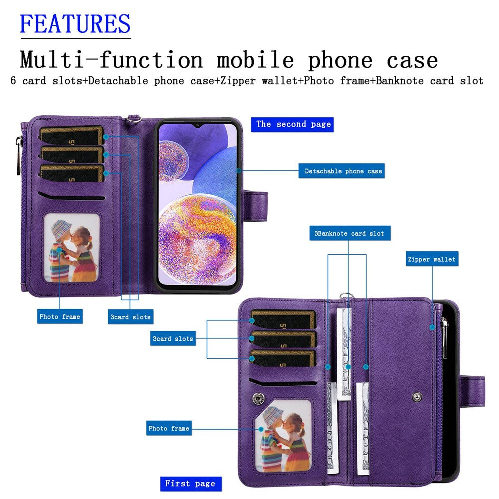 Til Samsung Galaxy A23 5G (Global) / 4G magnetisk lædercover mobilcover med aftagelig lynlås-pungrem