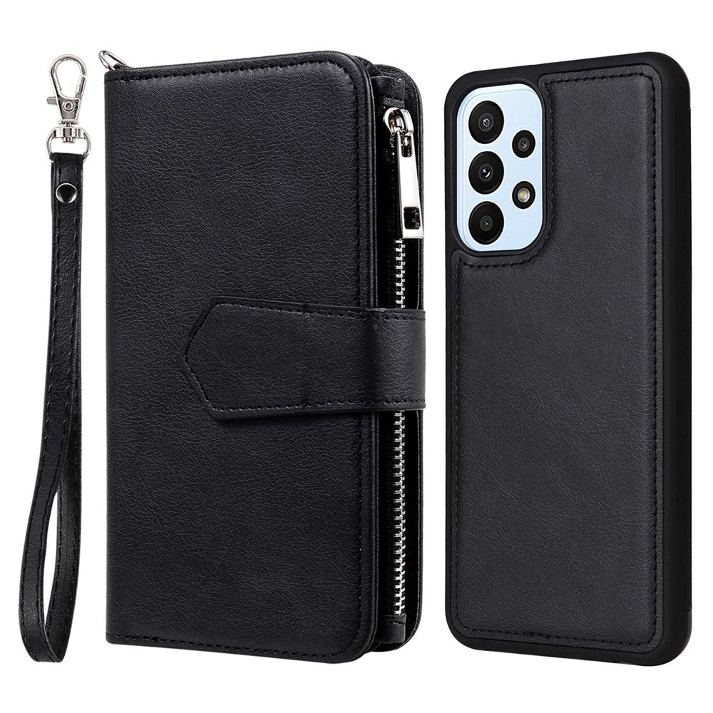 Til Samsung Galaxy A23 5G (Global) / 4G magnetisk lædercover mobilcover med aftagelig lynlås-pungrem