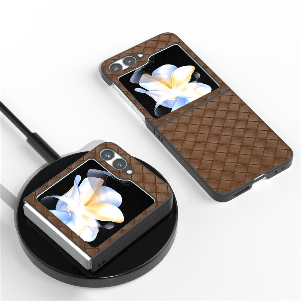 Til Samsung Galaxy Z Flip7 FE 5G / Z Flip6 5G etui, vævet tekstur læder+PC beskyttende telefoncover