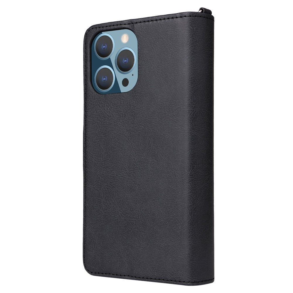 For iPhone 14 Pro Max Magnetic Leather Case Mobile Cover with Detachable Zipper Wallet Strap