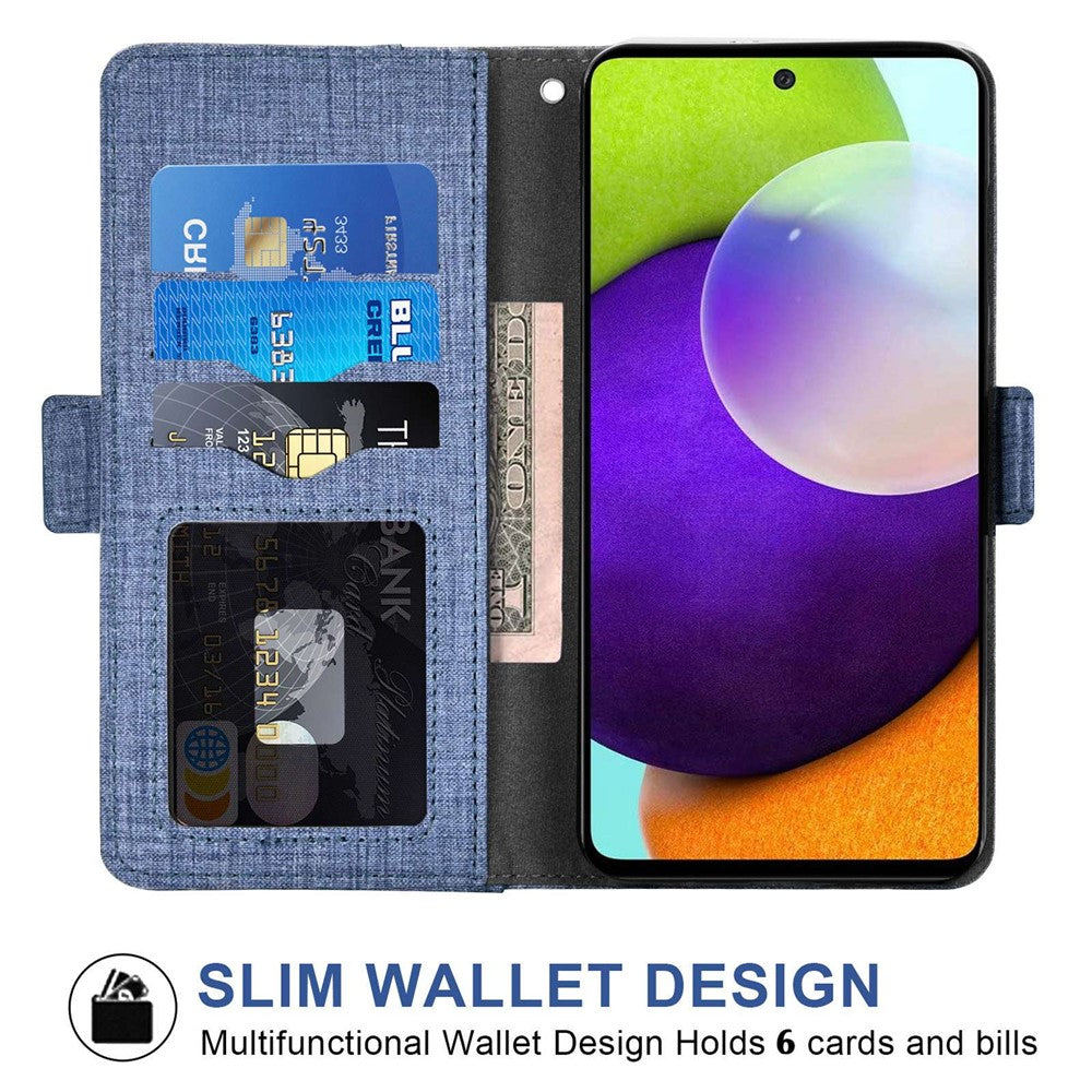 Samsung Galaxy A53 5G-mobilcover med denimstruktur, pung i PU-læder, roterende kortholder og folio-flipcover