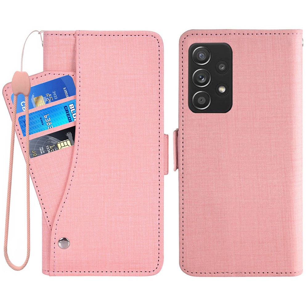 Samsung Galaxy A53 5G-mobilcover med denimstruktur, pung i PU-læder, roterende kortholder og folio-flipcover