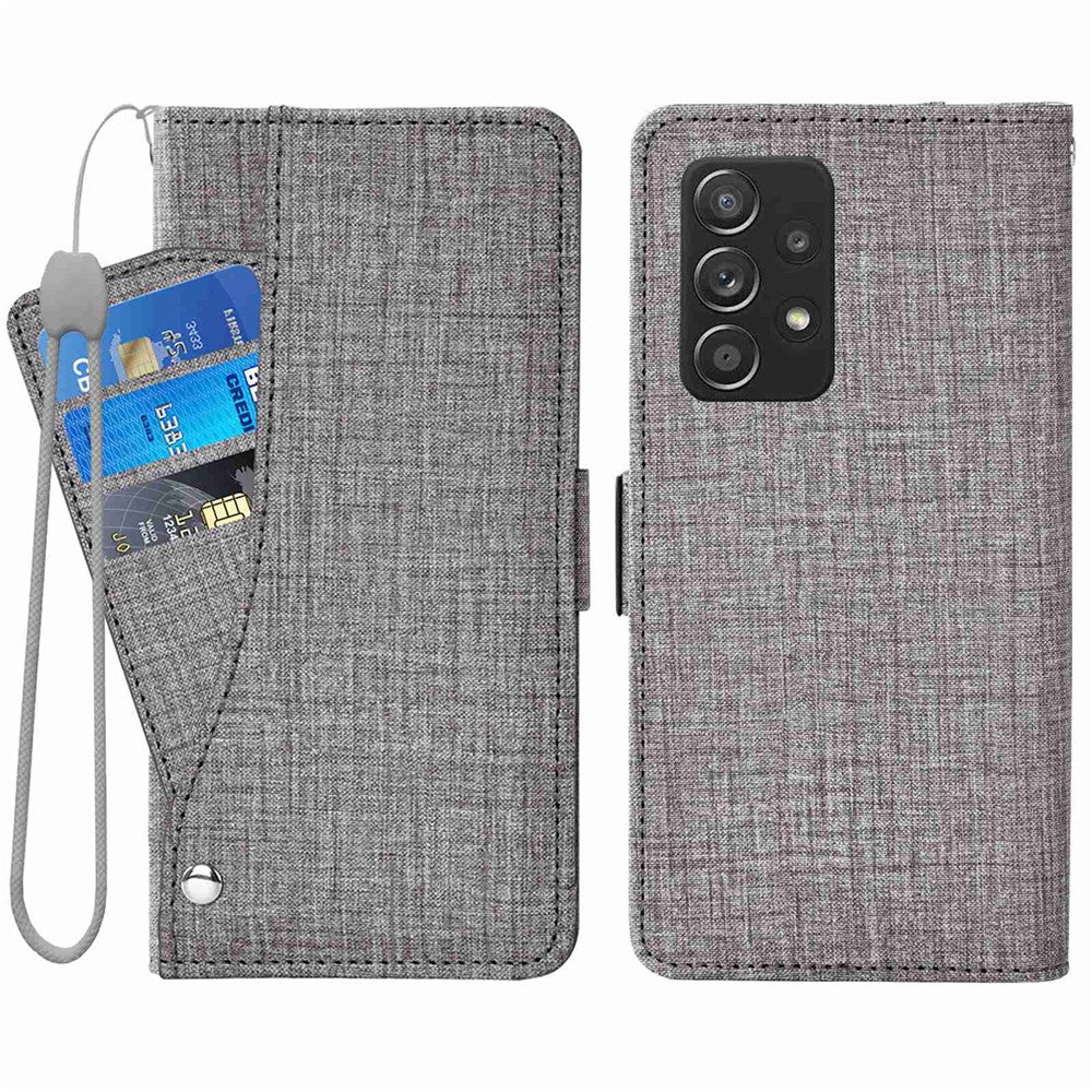 Samsung Galaxy A53 5G-mobilcover med denimstruktur, pung i PU-læder, roterende kortholder og folio-flipcover