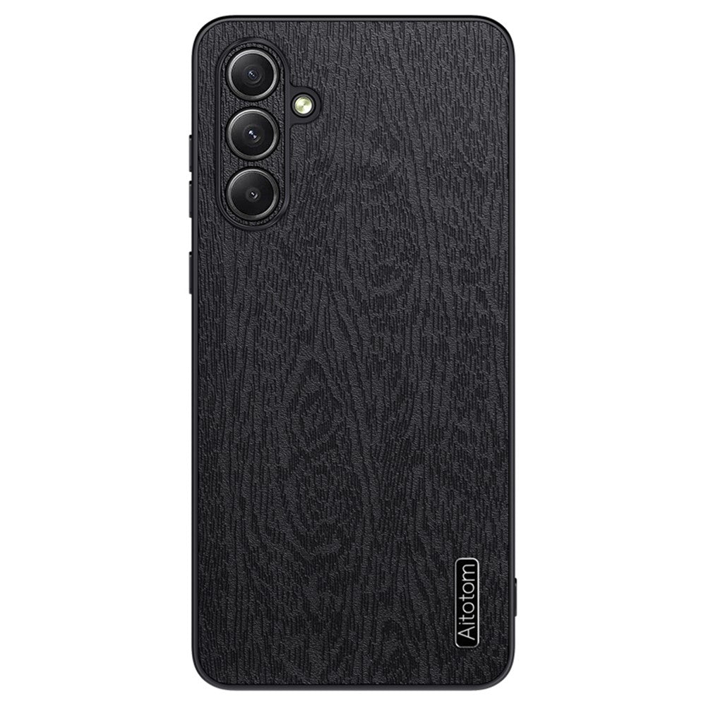For Samsung Galaxy S24 FE Case Wood Grain PU Leather Coated PC+TPU Phone Cover