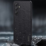 For Samsung Galaxy S24 FE Case Wood Grain PU Leather Coated PC+TPU Phone Cover