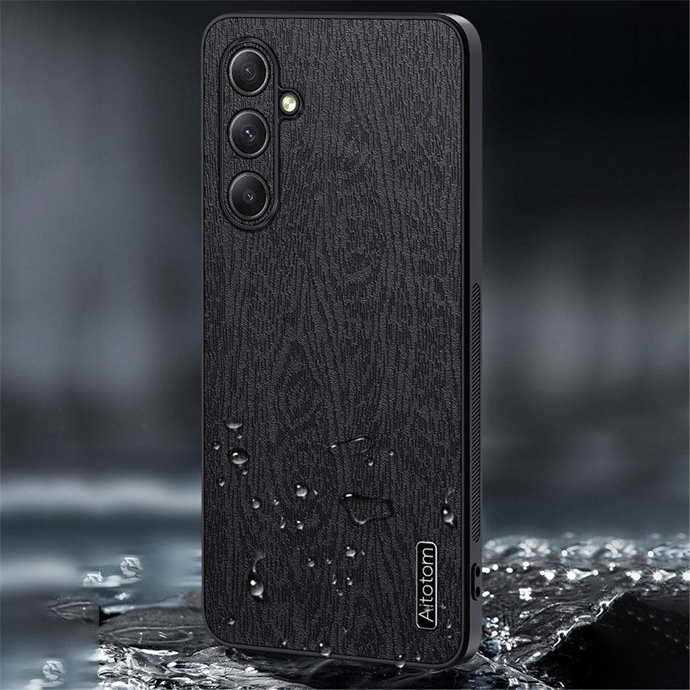 For Samsung Galaxy S24 FE Case Wood Grain PU Leather Coated PC+TPU Phone Cover